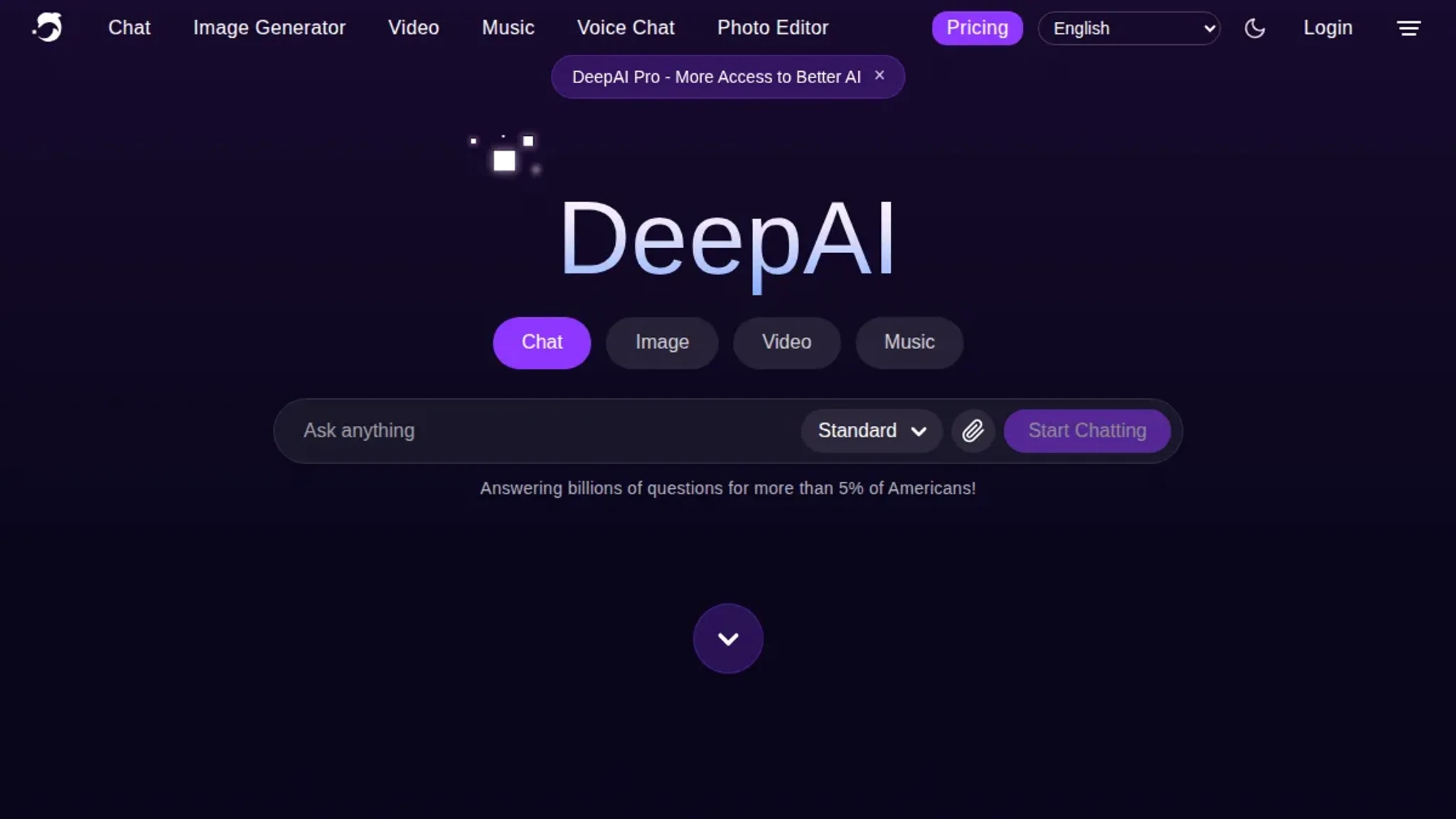 Screenshot of the DeepAI's browser chat homepage, captured October 2026