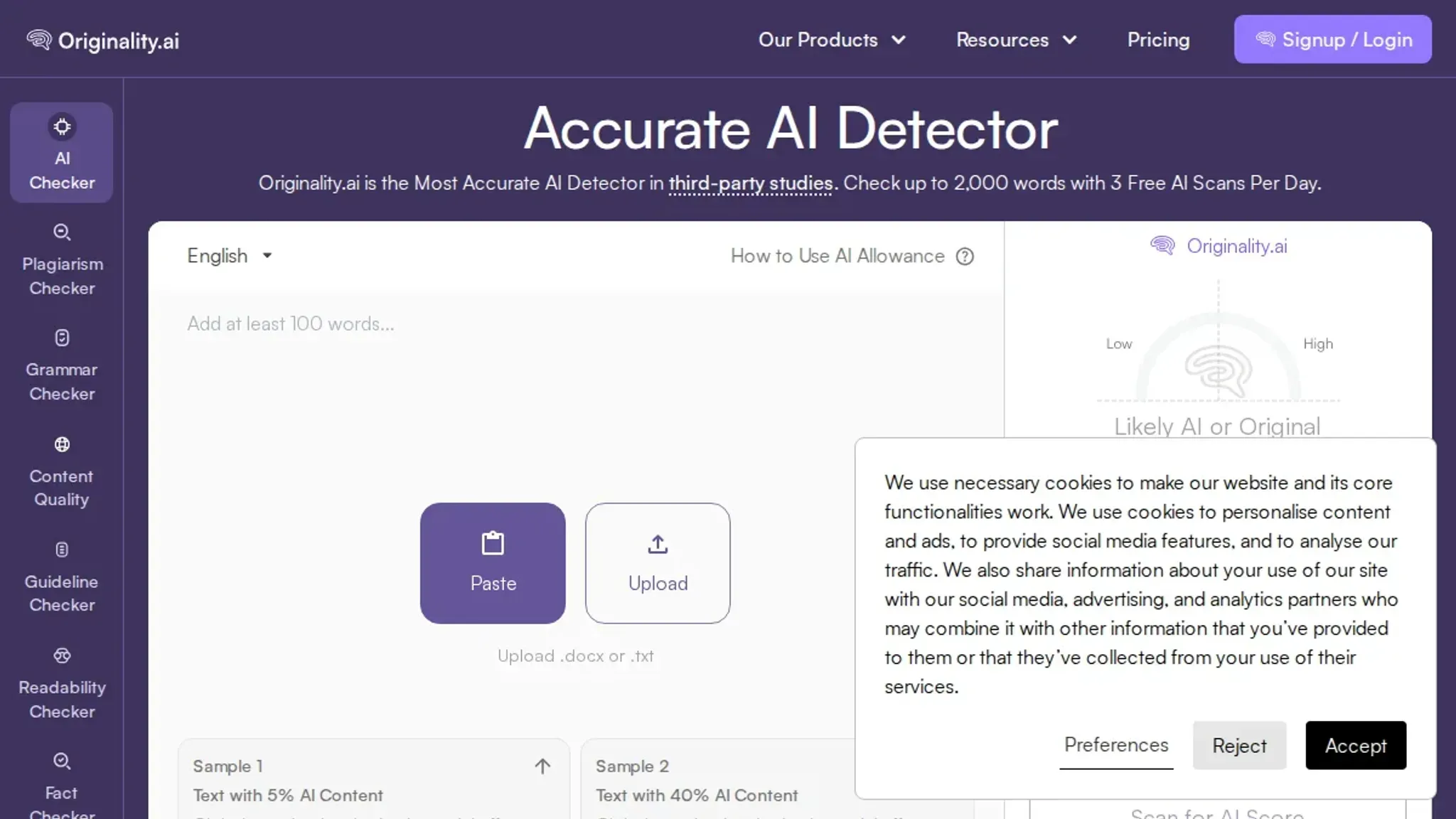 Screenshot of the Originality.ai homepage, captured August 2026