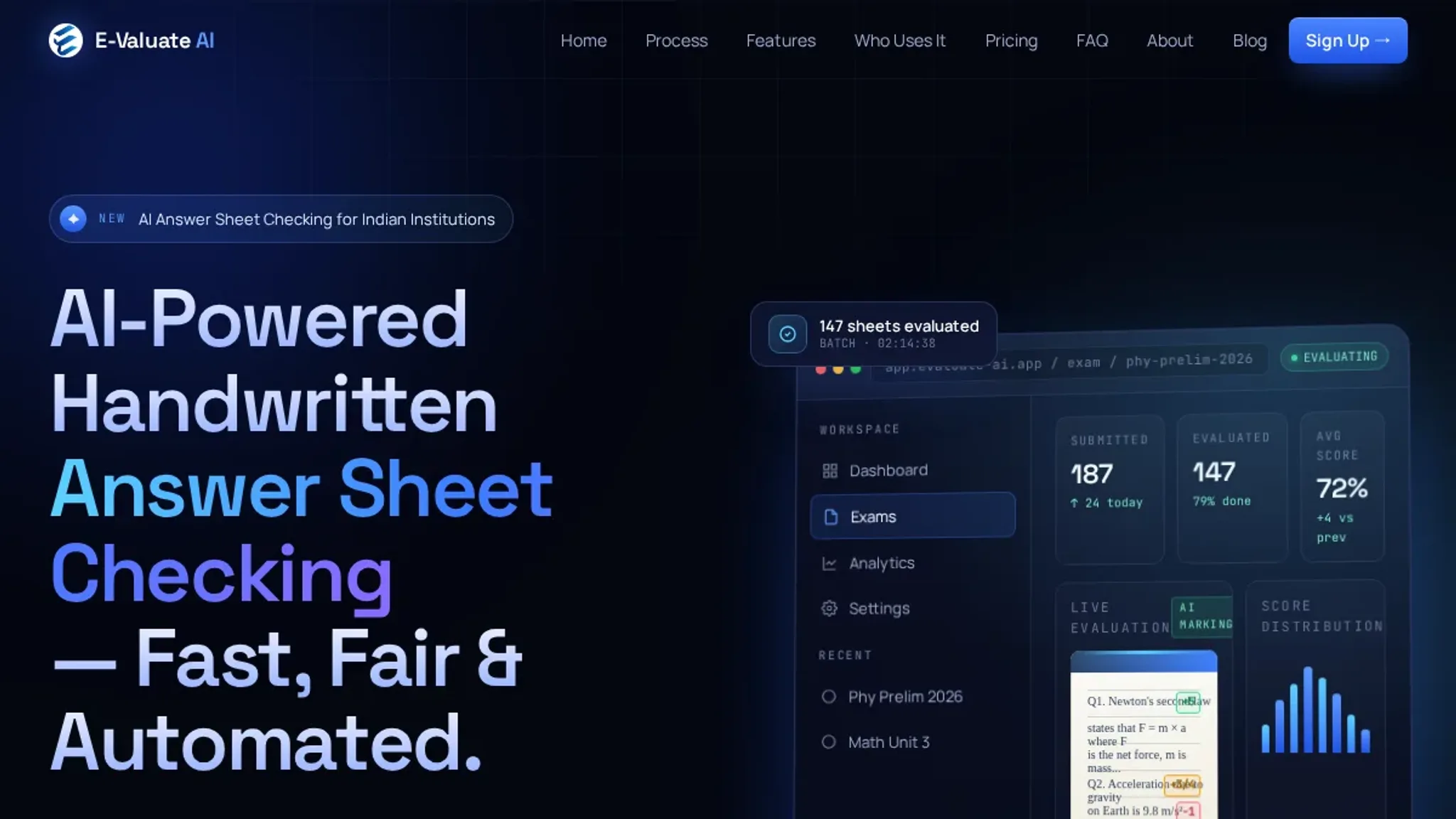 Screenshot of the E-Valuate AI homepage, captured September 2026