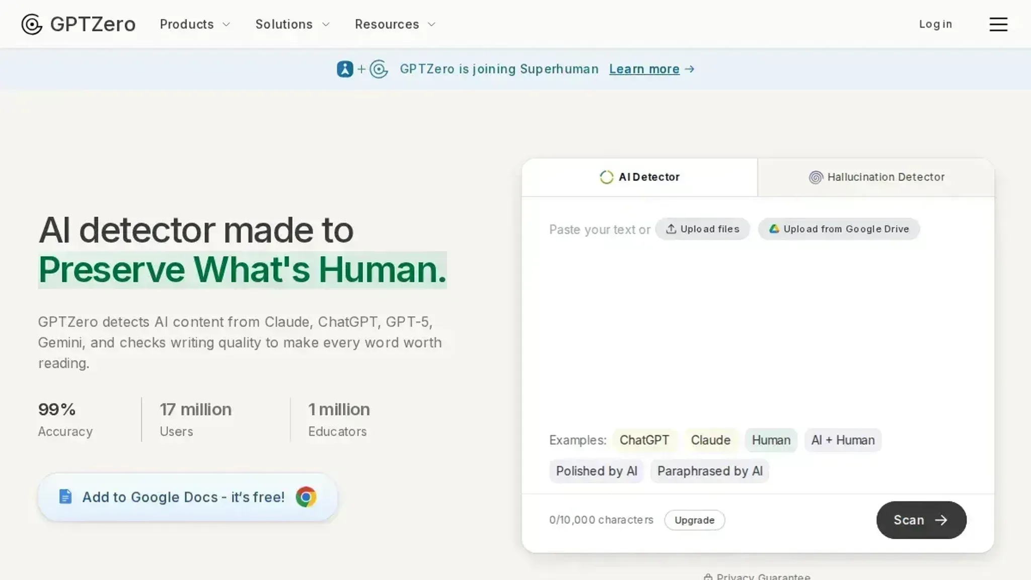 Screenshot of the GPTZero homepage, captured July 2026