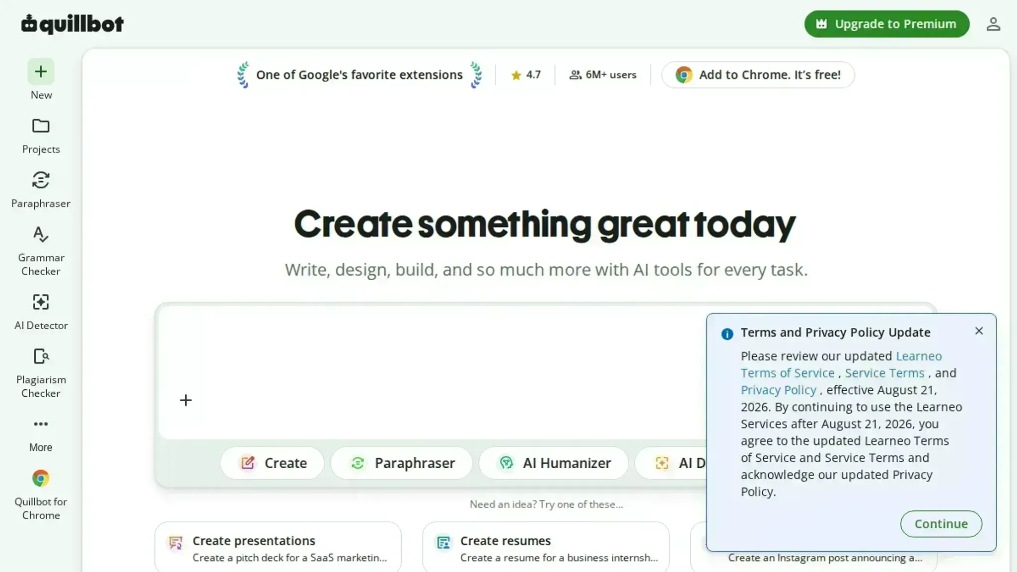 Screenshot of the Quillbot homepage, captured July 2026