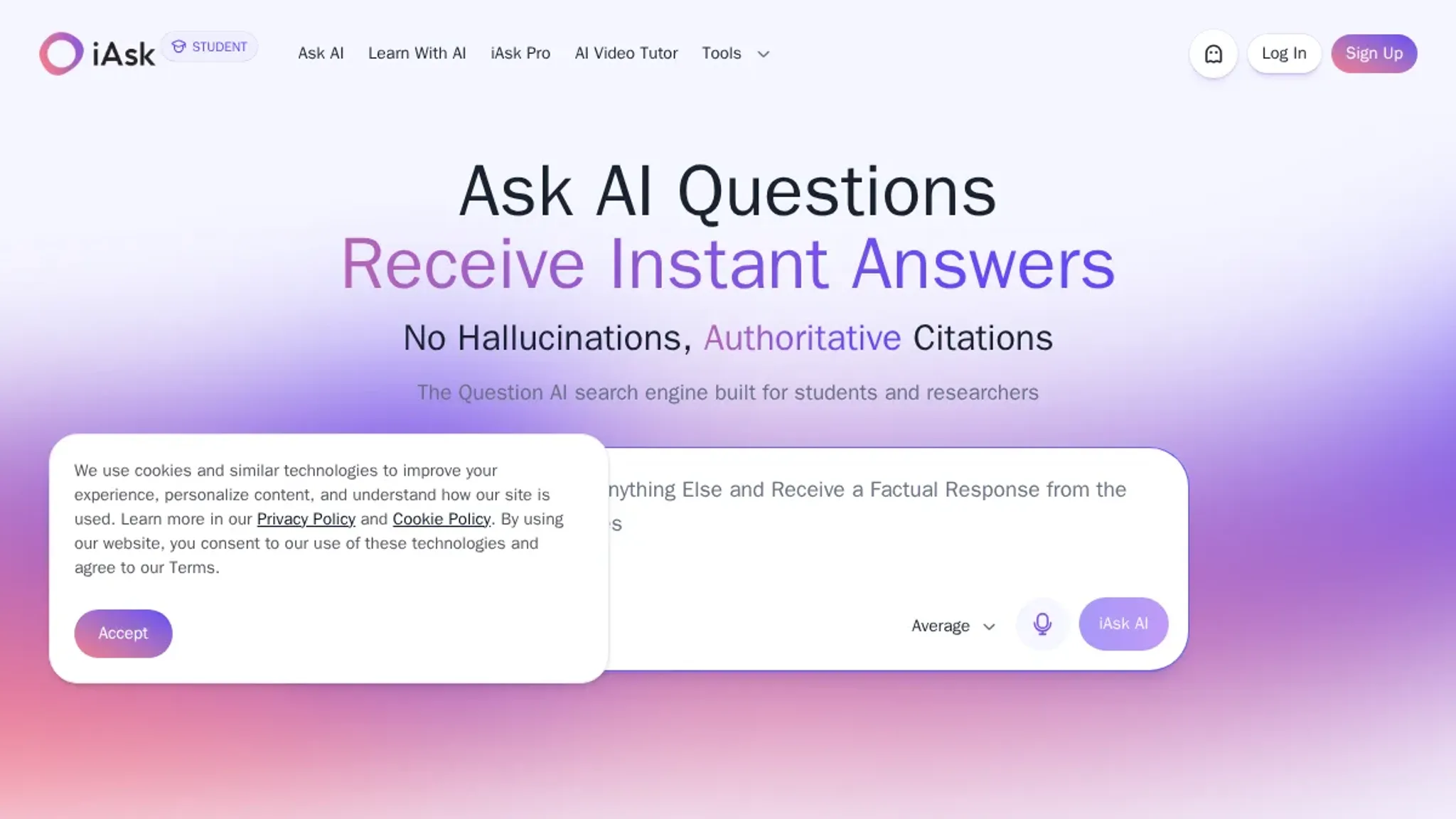 Screenshot of the iAsk AI homepage, captured September 2026
