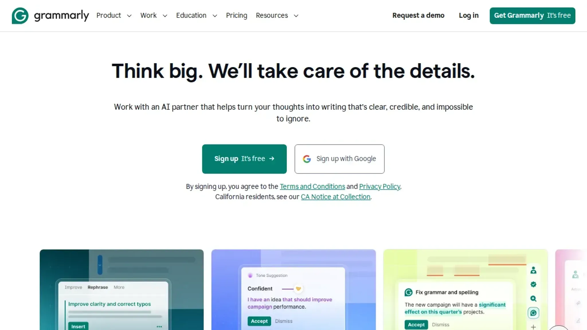 Screenshot of the Grammarly homepage, captured July 2026