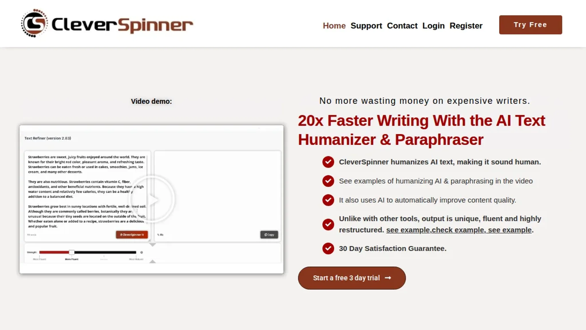 Screenshot of the CleverSpinner homepage, captured September 2026