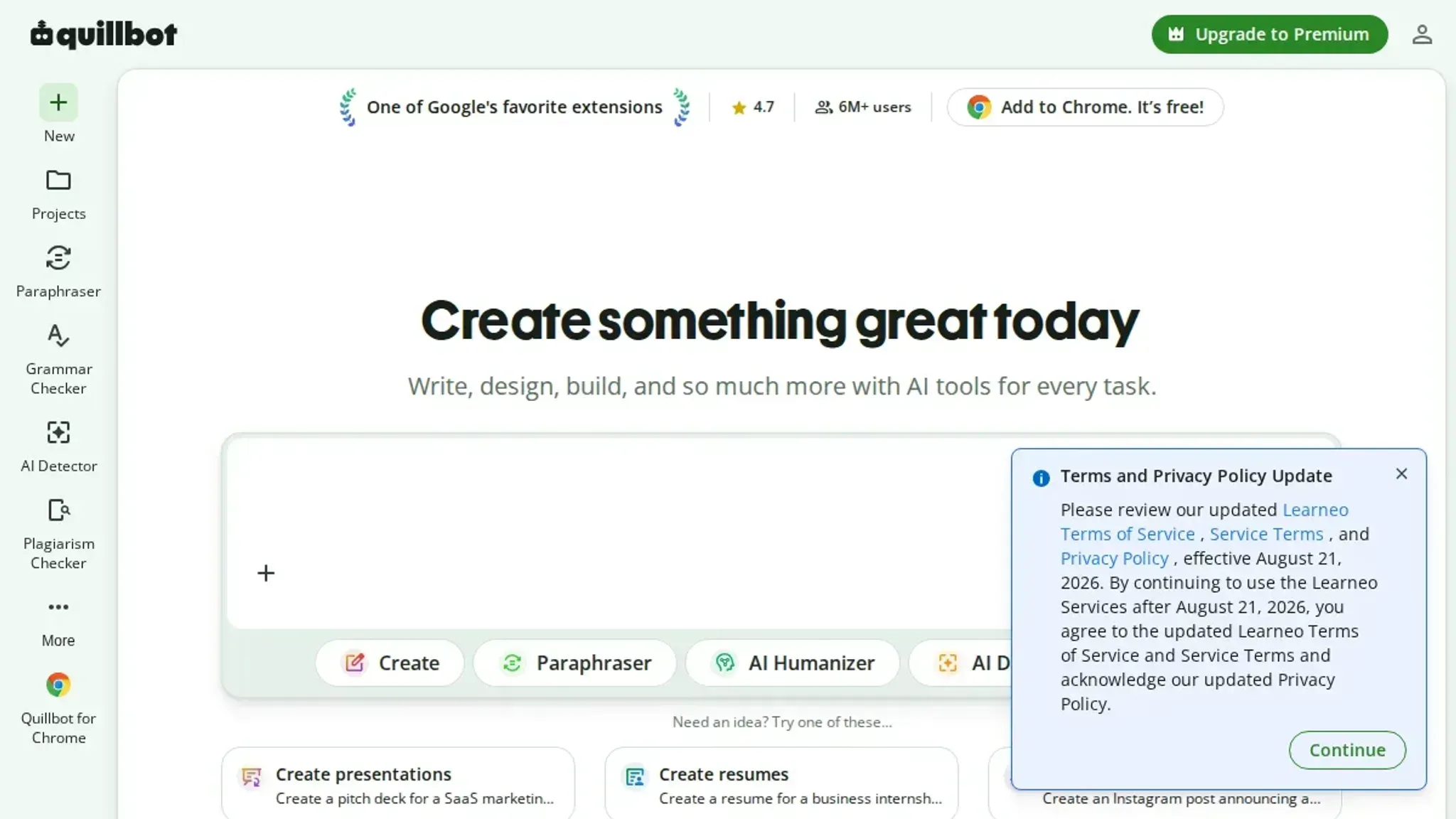 Screenshot of the QuillBot homepage, captured July 2026