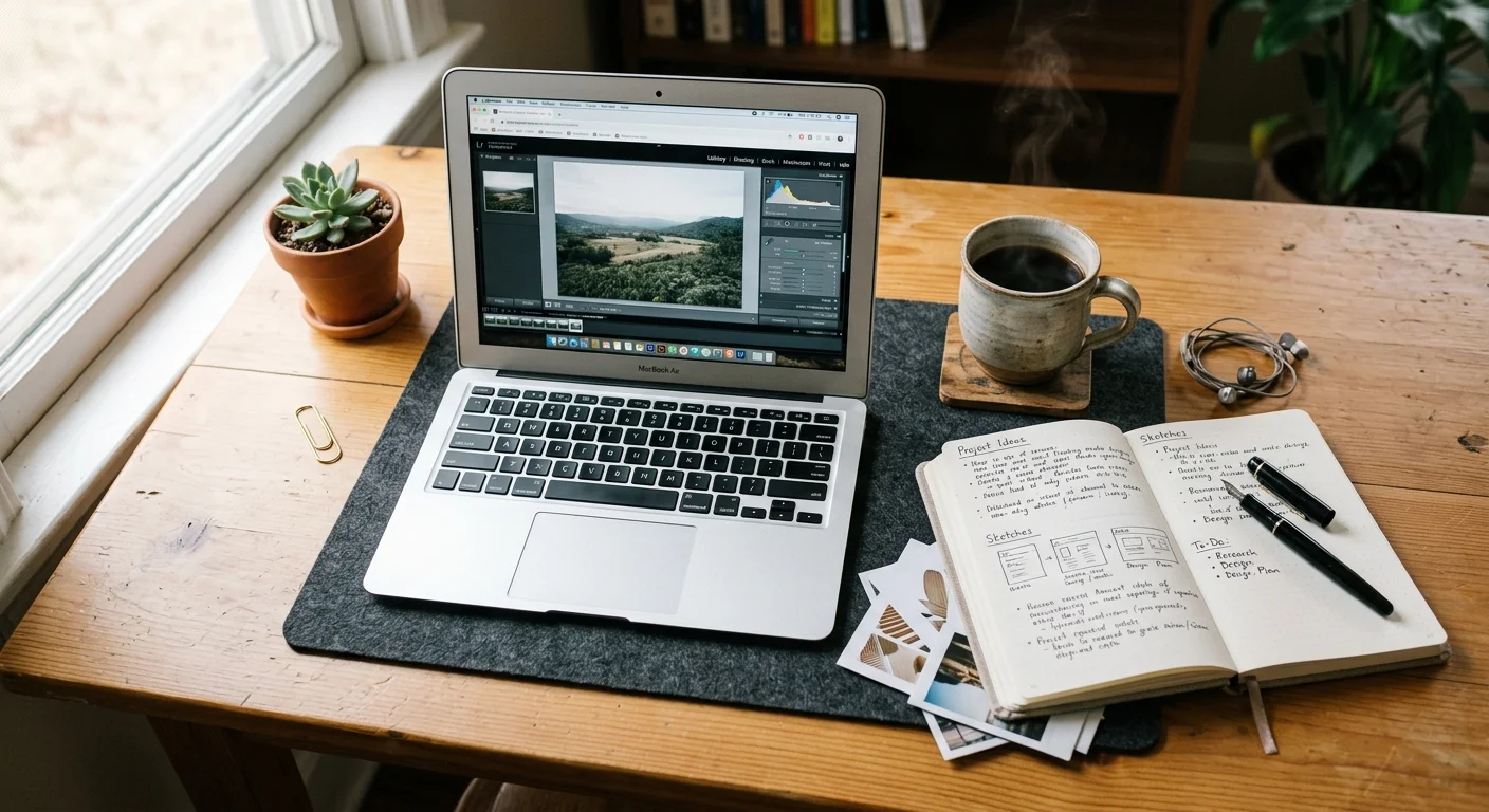 A person typing on a laptop at a wooden desk with a coffee mug and notebook nearby showing a writing workspace
