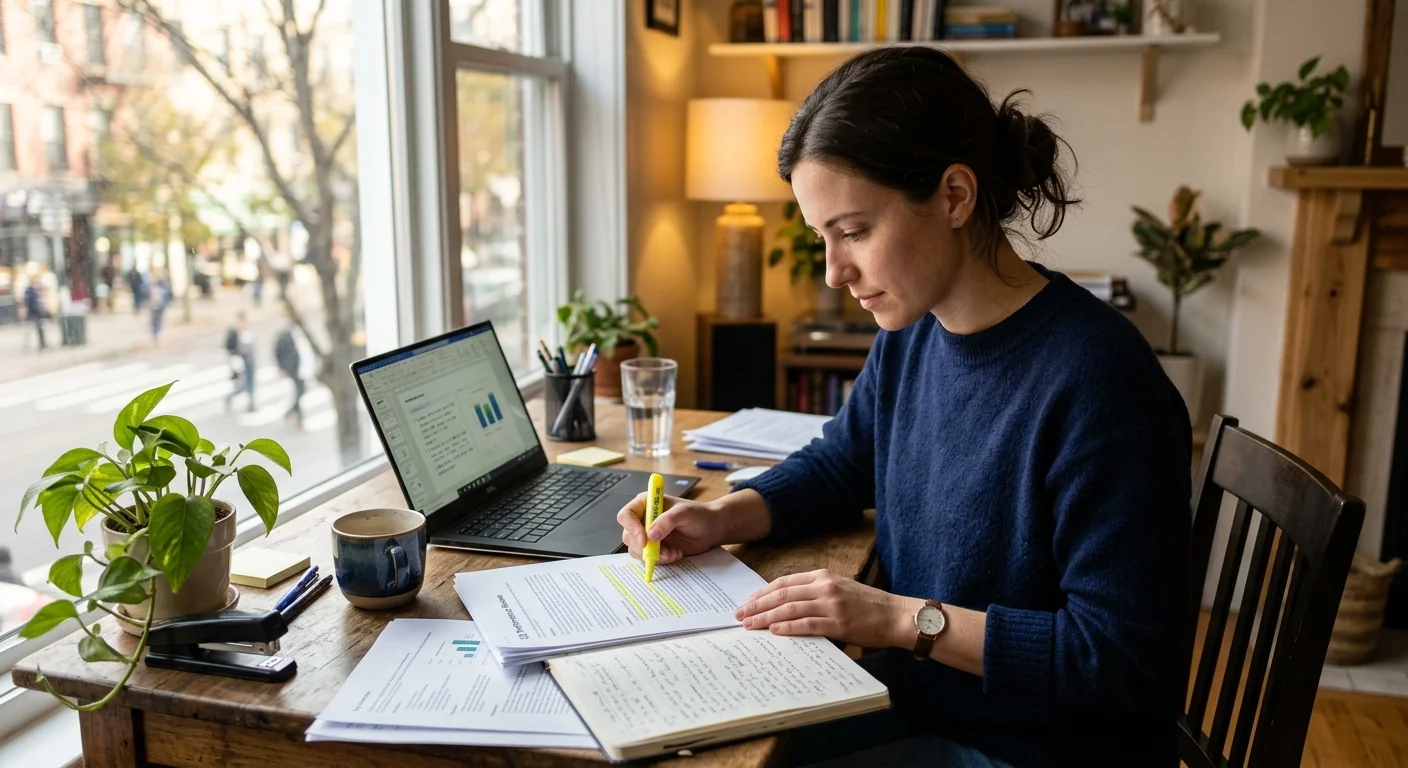 A professional sitting at a desk reviewing documents and notes on a laptop with warm natural lighting
