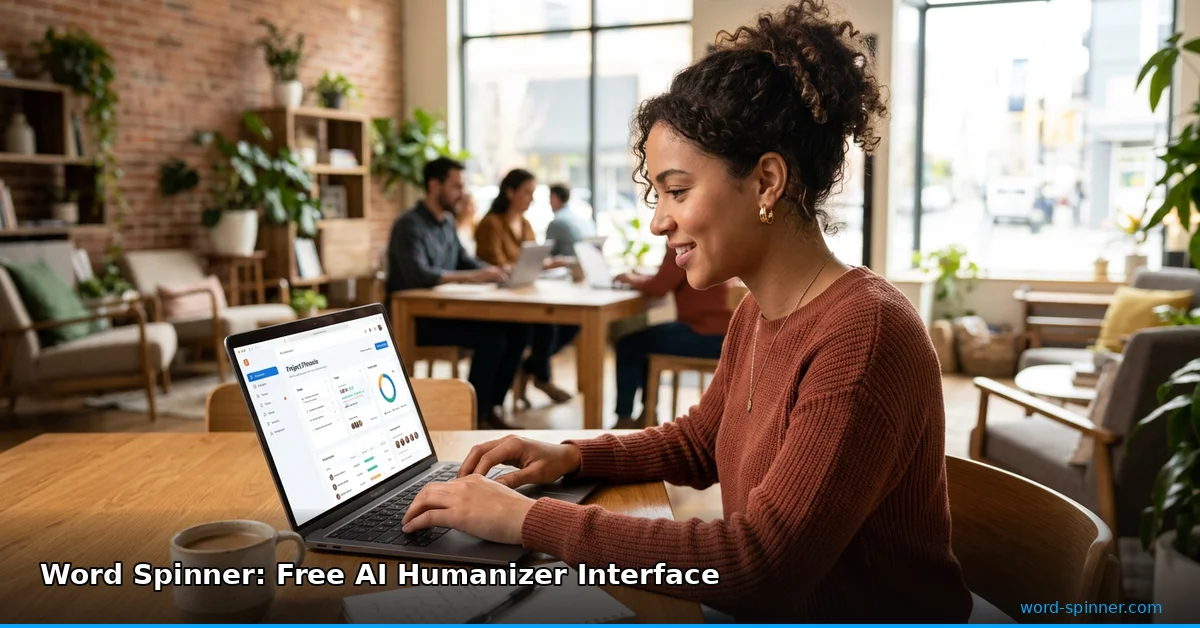 Person using free AI humanizer tool on laptop in coworking space