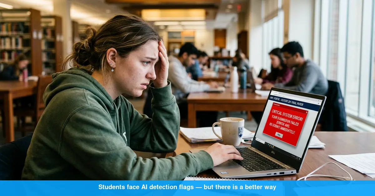 Student stressed about AI detection on laptop screen showing flagged essay