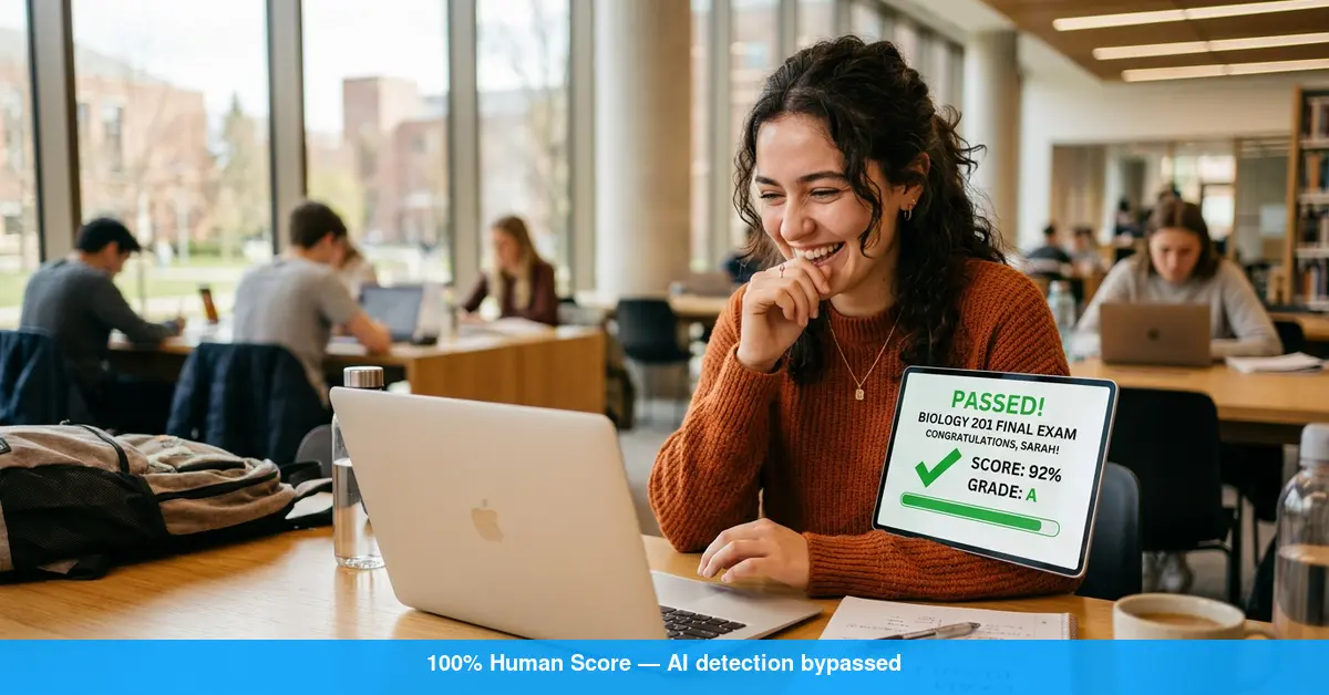 Laptop showing AI detection score passing after humanizing with Word Spinner