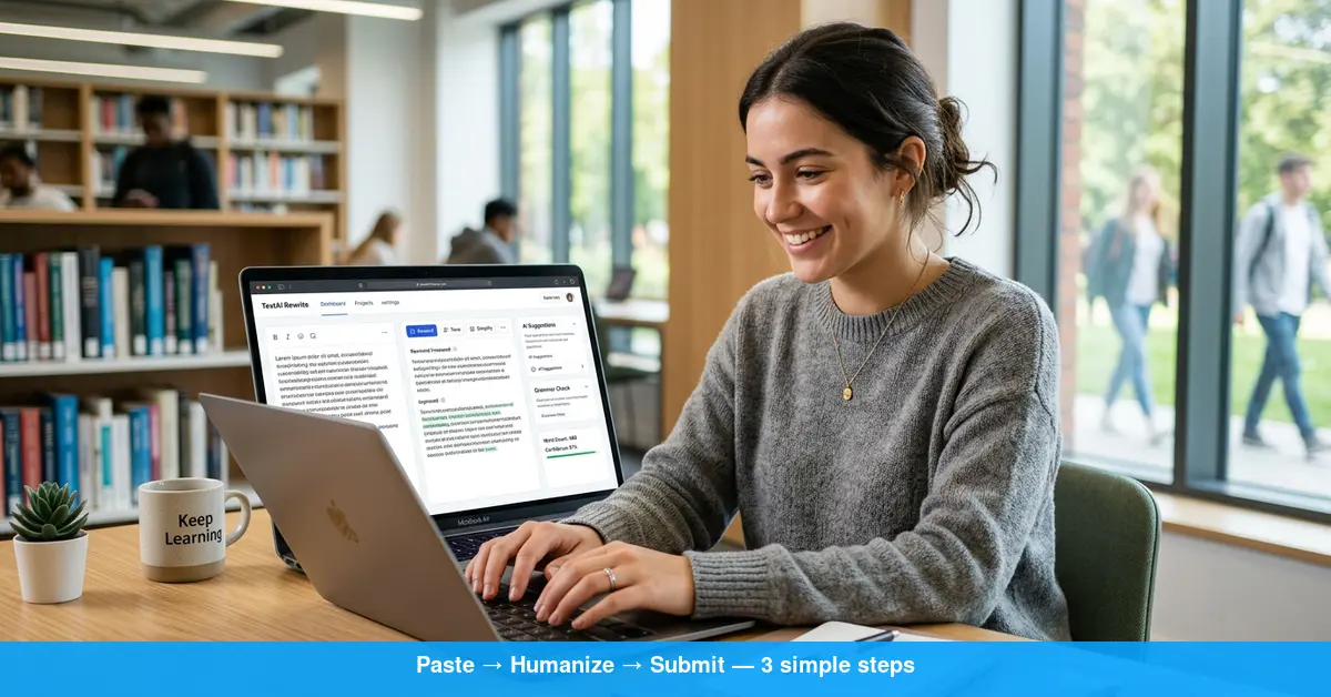 Student using Word Spinner to humanize AI text on laptop in bright workspace