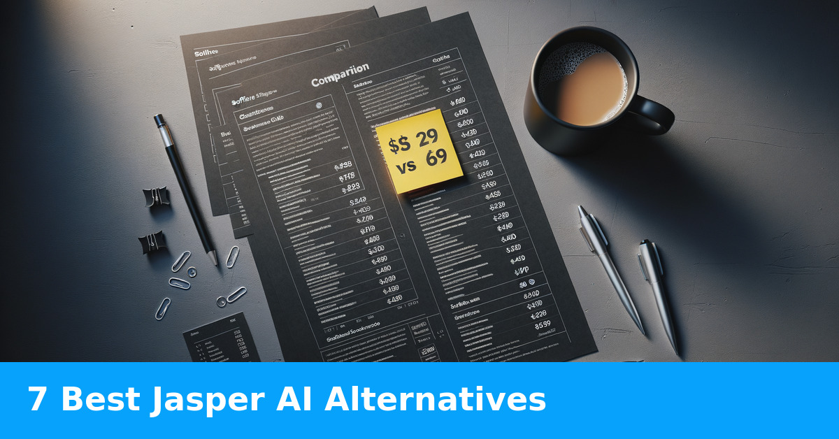 Overhead flatlay of pricing comparison sheets, coffee mug, and handwritten notes for a Jasper AI alternatives article