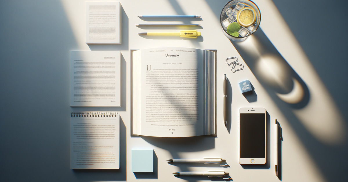 Academic essay pages laid out on desk with highlighter and textbook