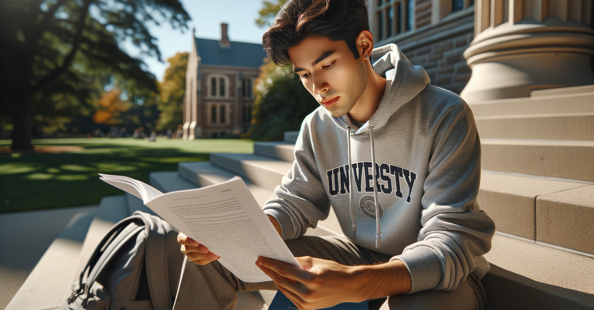 Student reviewing AI-assisted essay at library table