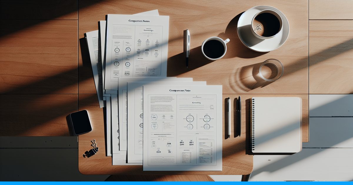 Overhead flat-lay of a desk with printed notes comparing AI writing and paraphrasing tools as QuillBot alternatives, with a coffee cup and pen