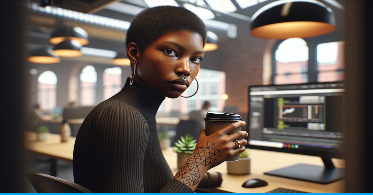 testing ai writing before submitting - woman at standing desk checking document in co-working space