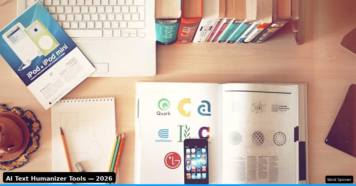 Workspace desk with tools and notebook for AI text humanization