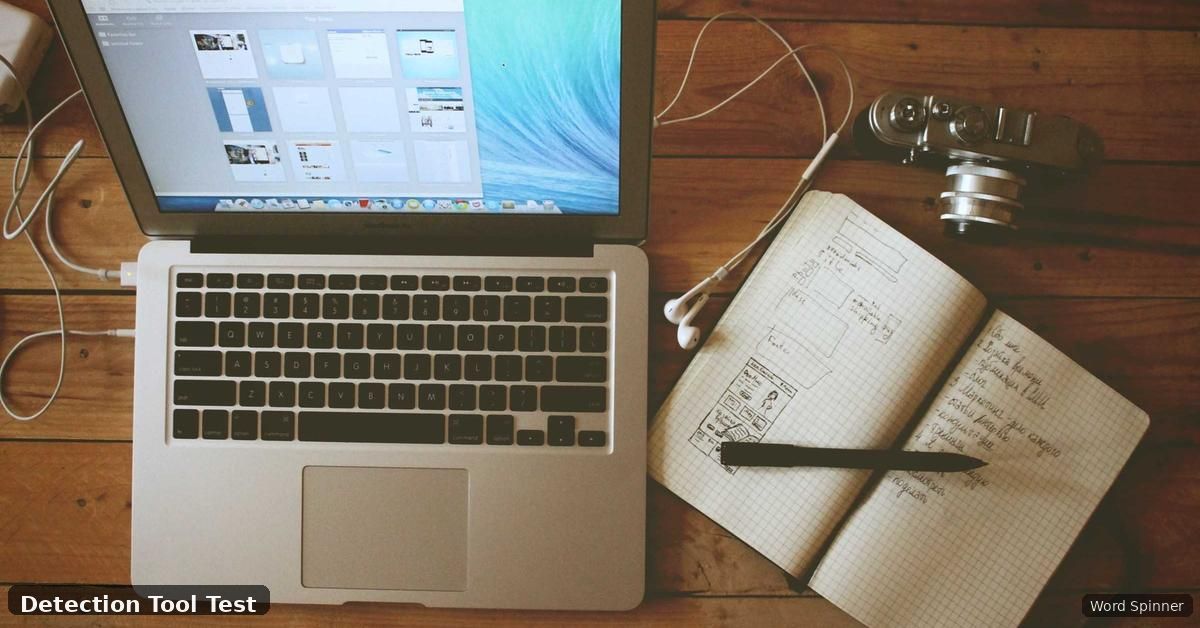 Active workspace with laptop screen and notebook for testing AI detection tools