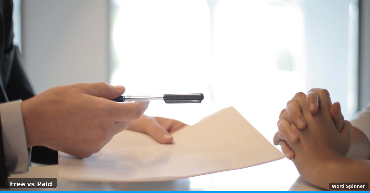 Close-up of hands exchanging document representing free versus paid AI humanizer decision