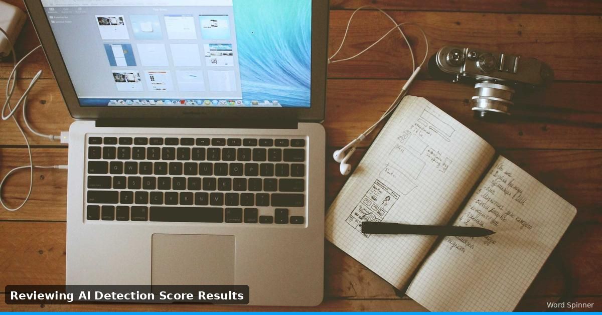Person at laptop with notebook reviewing AI detection score results