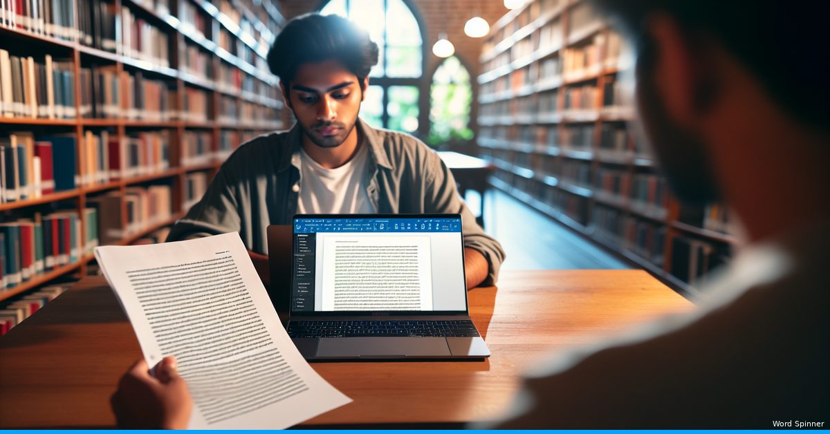 Student in university library comparing printed essay against laptop screen showing a writing tool