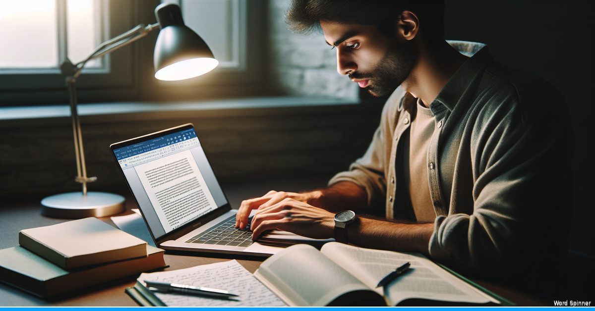 University student typing on laptop with academic textbooks and notes, using an AI humanizer tool for academic writing