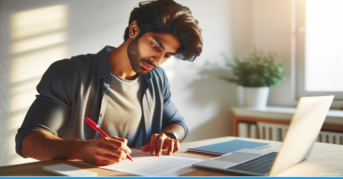 Young man marking up printed document with red pen while comparing with laptop, proofreading and editing AI-generated content
