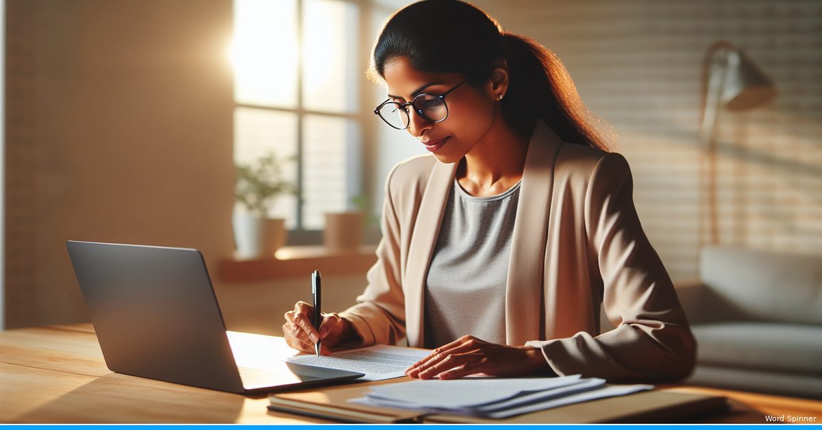 Professional woman reviewing text on laptop screen with reading glasses, using AI humanizer for proofreading