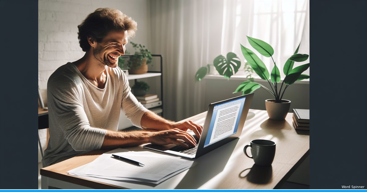 Content creator smiling while typing blog post on laptop at bright home office desk with natural light
