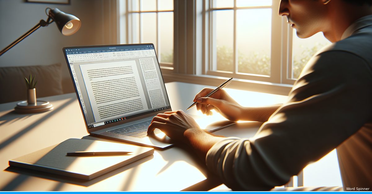 Person reviewing and editing blog content on laptop screen with notebook and pen, refining AI-humanized text