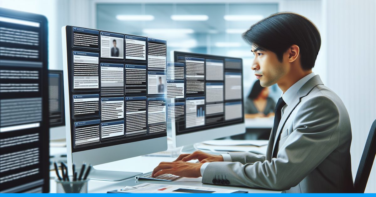 News editor reviewing AI text detection analysis results on a newsroom workstation screen to verify article authenticity