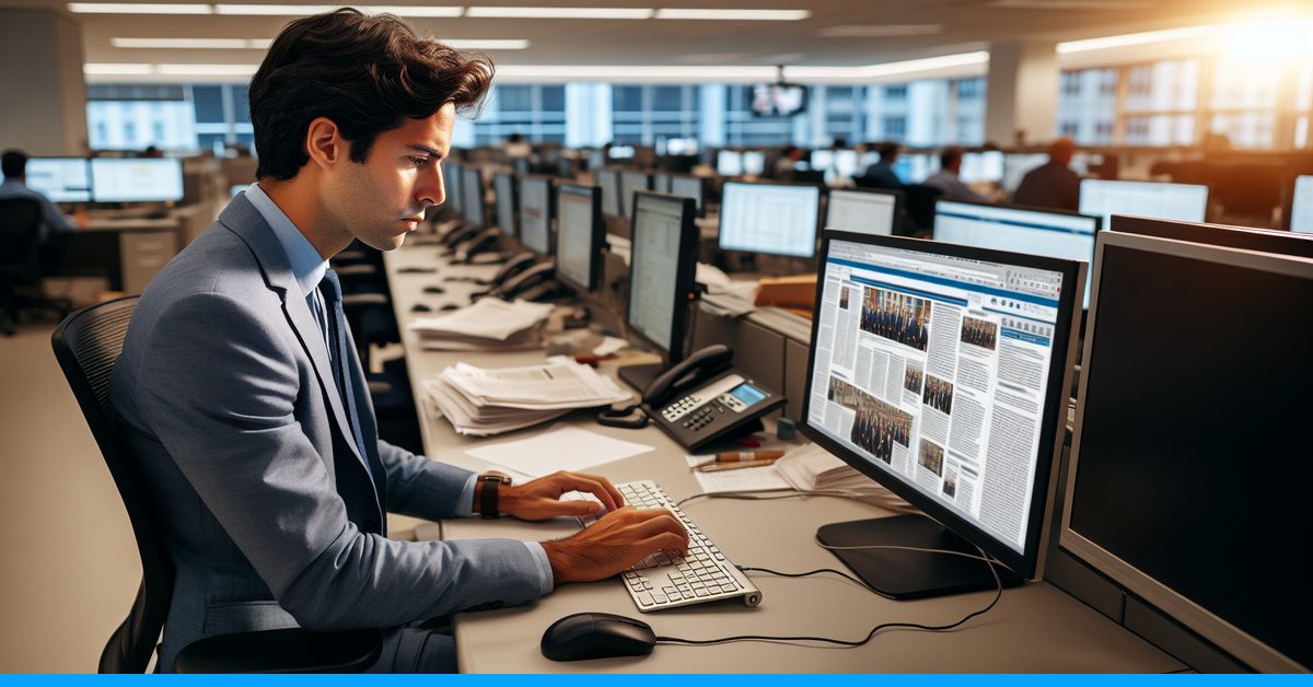 Journalist at a newsroom desk reviewing an AI detection report on a computer screen for news article verification