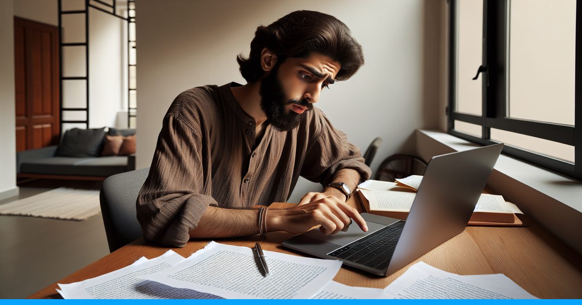 Writer reviewing AI detection results on a laptop screen with highlighted flagged passages, looking concerned about AI-sounding writing