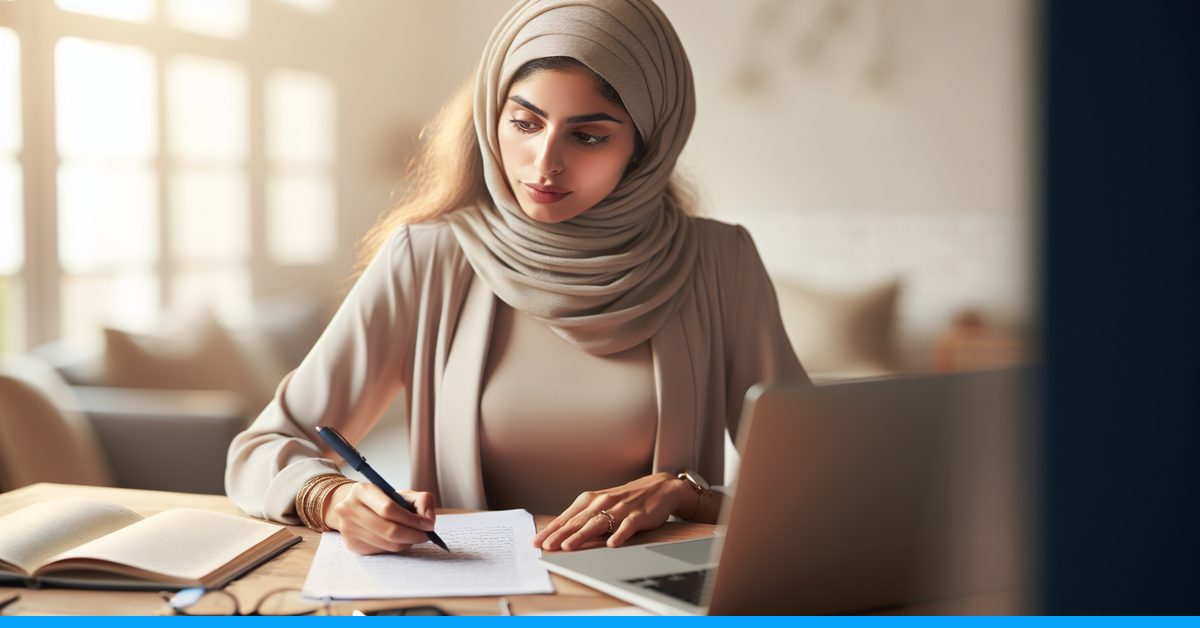 Content writer rewriting and improving text at a desk to make AI-generated content sound more human and pass AI detection