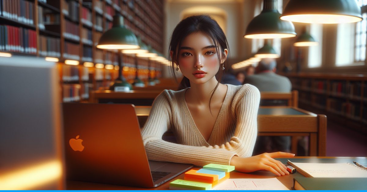 Person evaluating AI writing tool that passes detection in university library