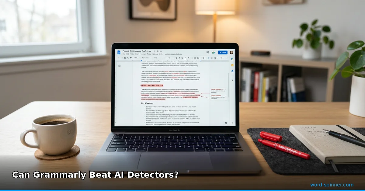 Laptop showing document with red highlighter pen, AI detection test
