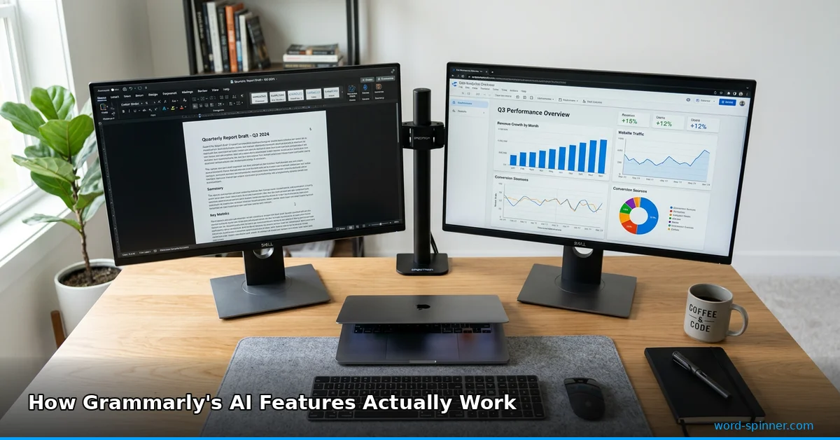 Hands typing on laptop keyboard with coffee cup, content rewriting workflow