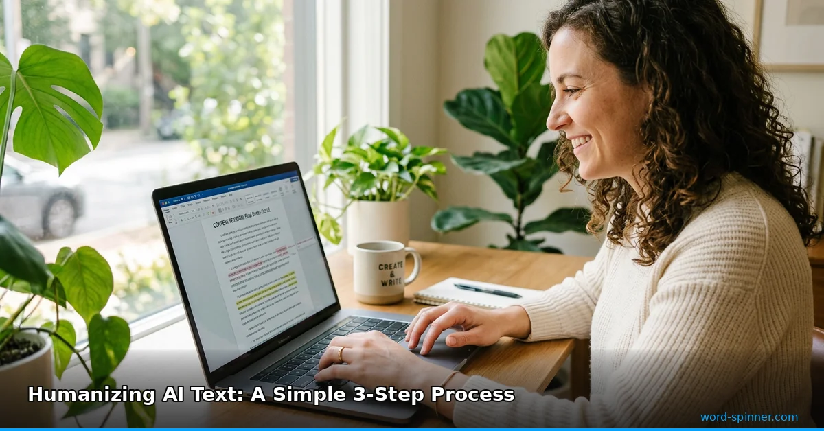 Person editing document on laptop in bright workspace, AI text humanization process