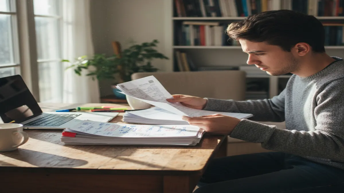 Student comparing draft milestones and source notes to defend authorship during acceptable AI score on Turnitin review.