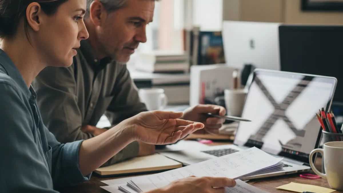 Teacher and department lead discussing before-and-after writing quality examples during an academic standards meeting.