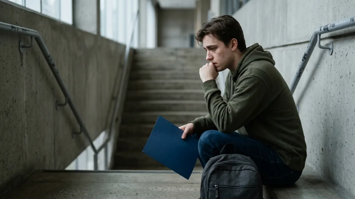 University student pausing on stairs after conflicting ai content checker results.