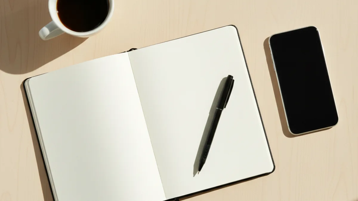 Top-down view of a clean desk with blank notebook, pen, smartphone, and coffee cup.