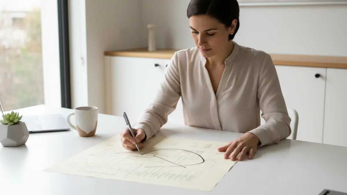 Person reviewing and editing a printed document with a pen at a bright clean desk - representing the rewriting and improvement process to lower AI detection scores