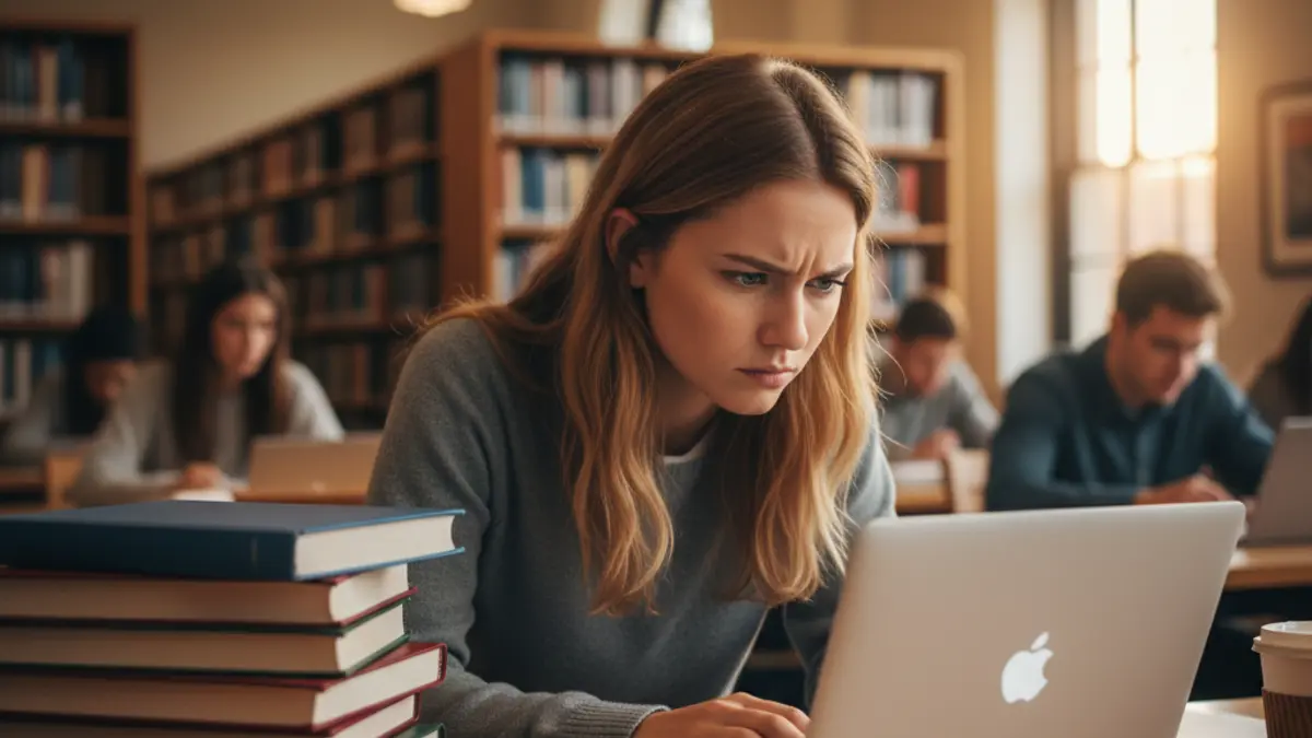 Student leaning forward at a library desk, looking intently at a laptop with a concentrated expression, textbooks nearby - representing the stress of borderline AI detection results