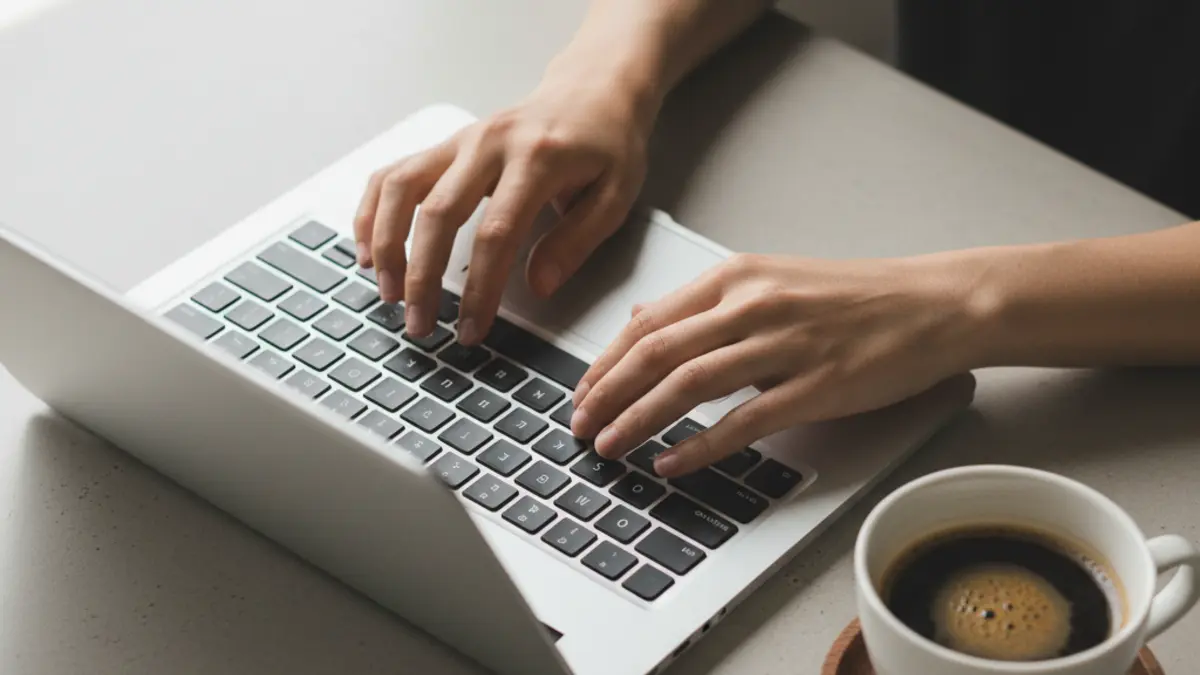 Close-up overhead view of hands typing on a laptop keyboard with a coffee cup beside it - representing the writing process and AI detection tools