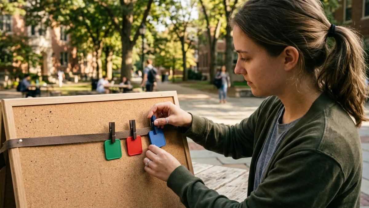 Graduate student organizing a three-step ai detector for essays review with blank color tokens.