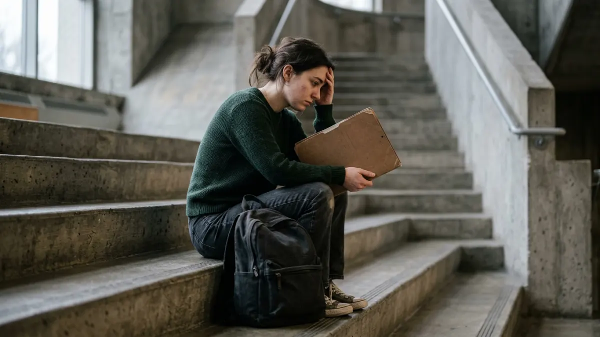Worried student pausing on library stairs before rechecking an ai detector for essays result.