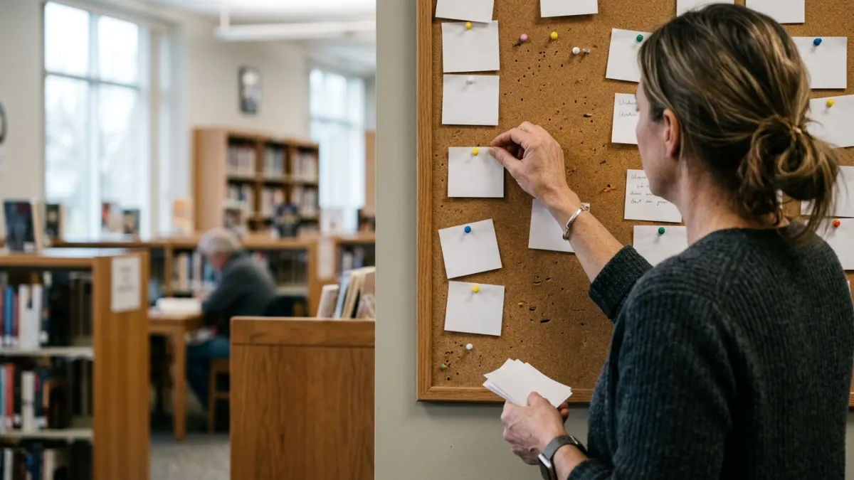 Library workshop participant grouping blank question slips for an ai faq generator article.