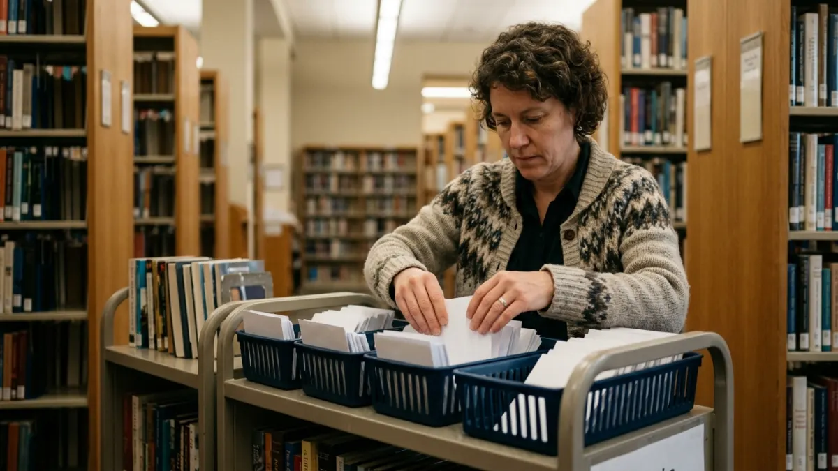 Library workshop participant grouping blank question slips for an ai faq generator article.