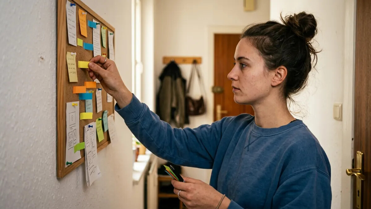 Student planning an AI sentence rewriter revision flow on a cork board